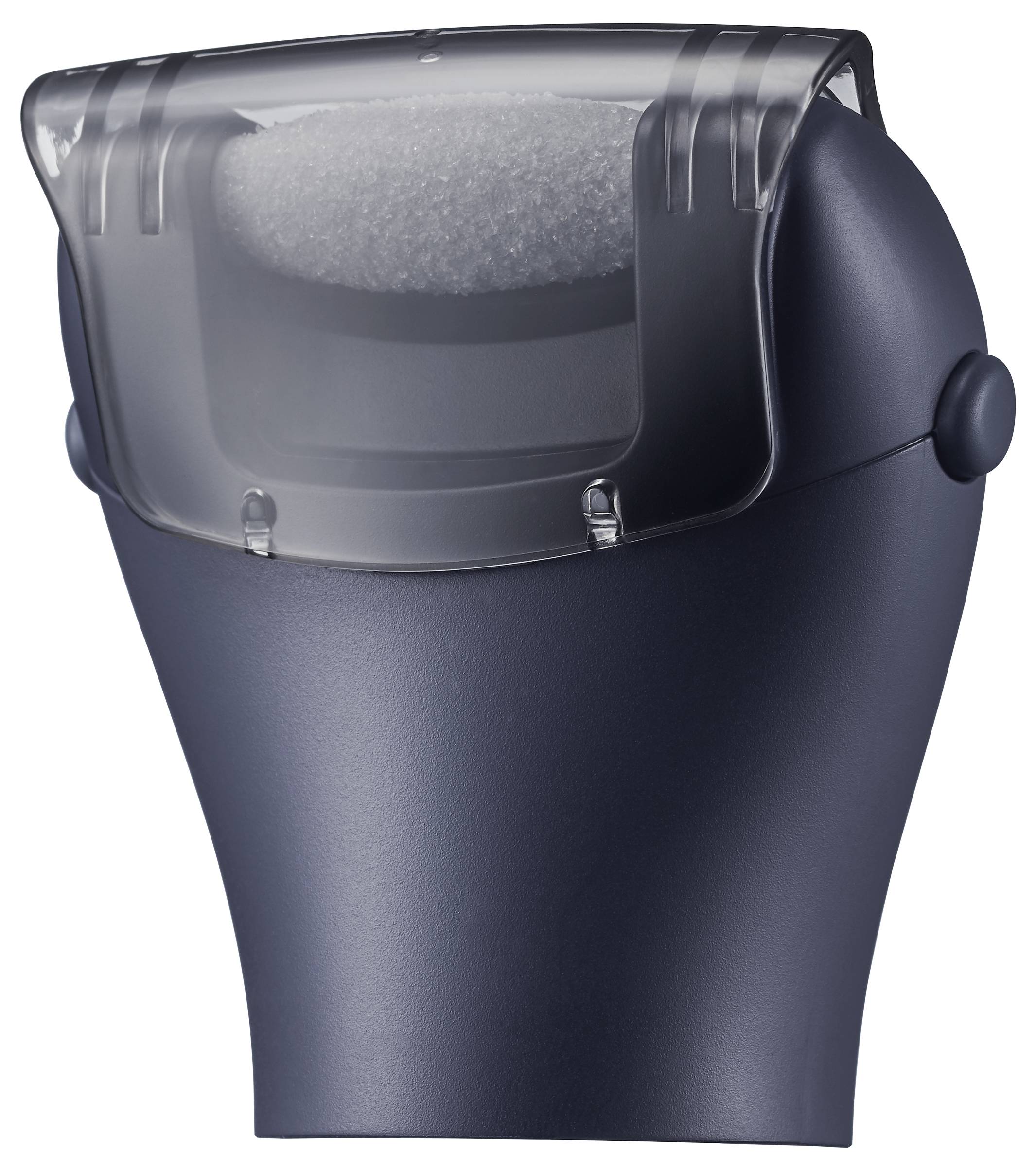 Electric foot file, navy blue casing, transparent protective cover. Used for removing hard skin.