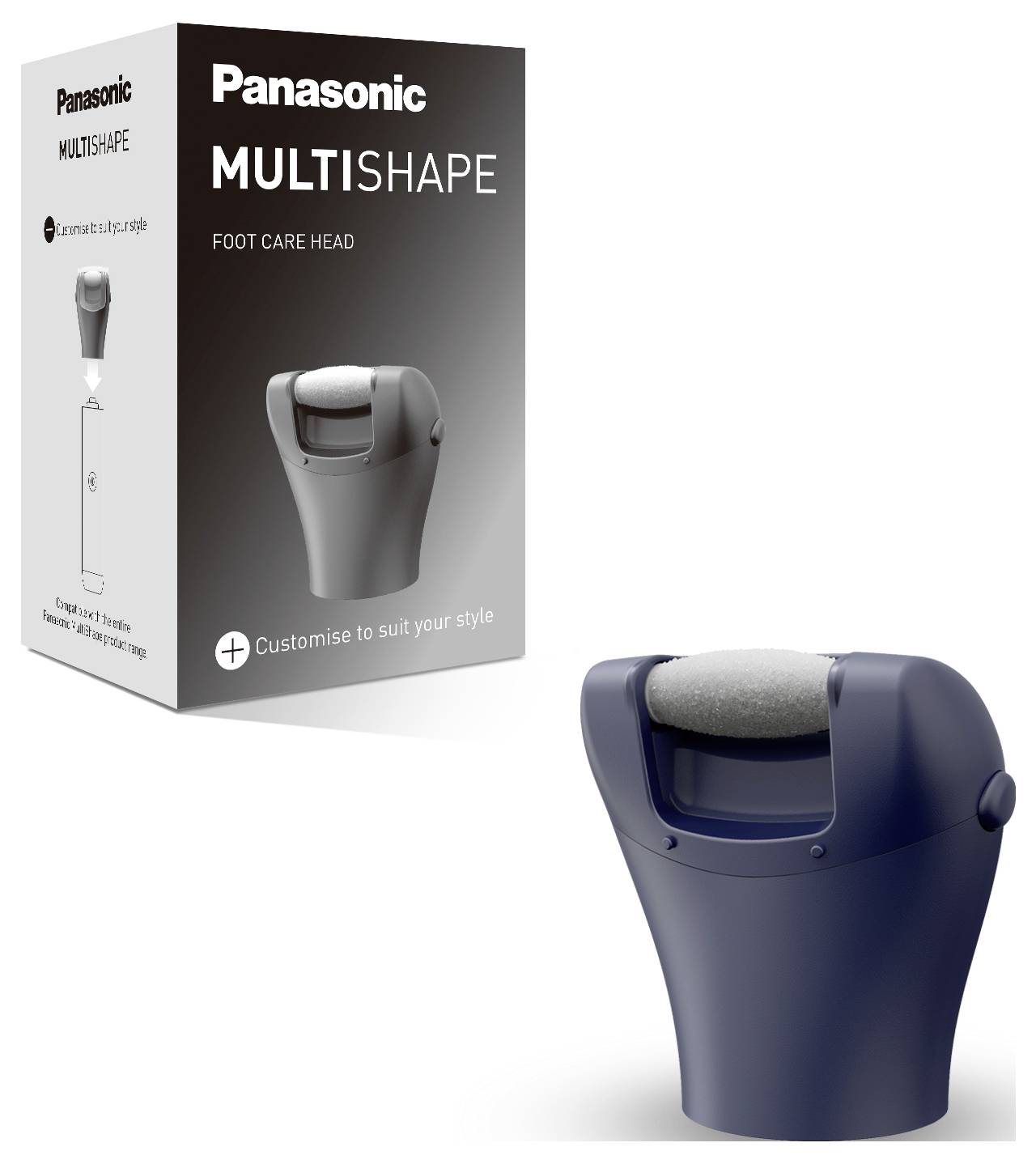 Head of a Panasonic electric callus remover with packaging. On the packaging it says 'MULTISHAPE Foot Care Head'.