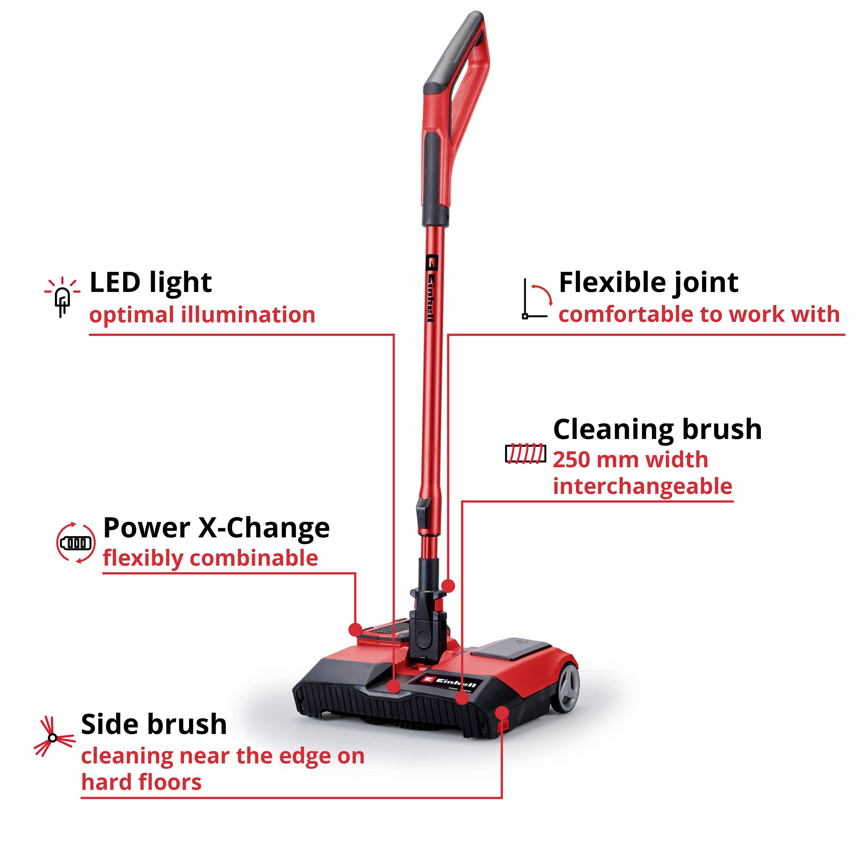A red stick vacuum cleaner with LED light, flexible joint, Power X-Change battery, 250 mm cleaning brush, side brush.