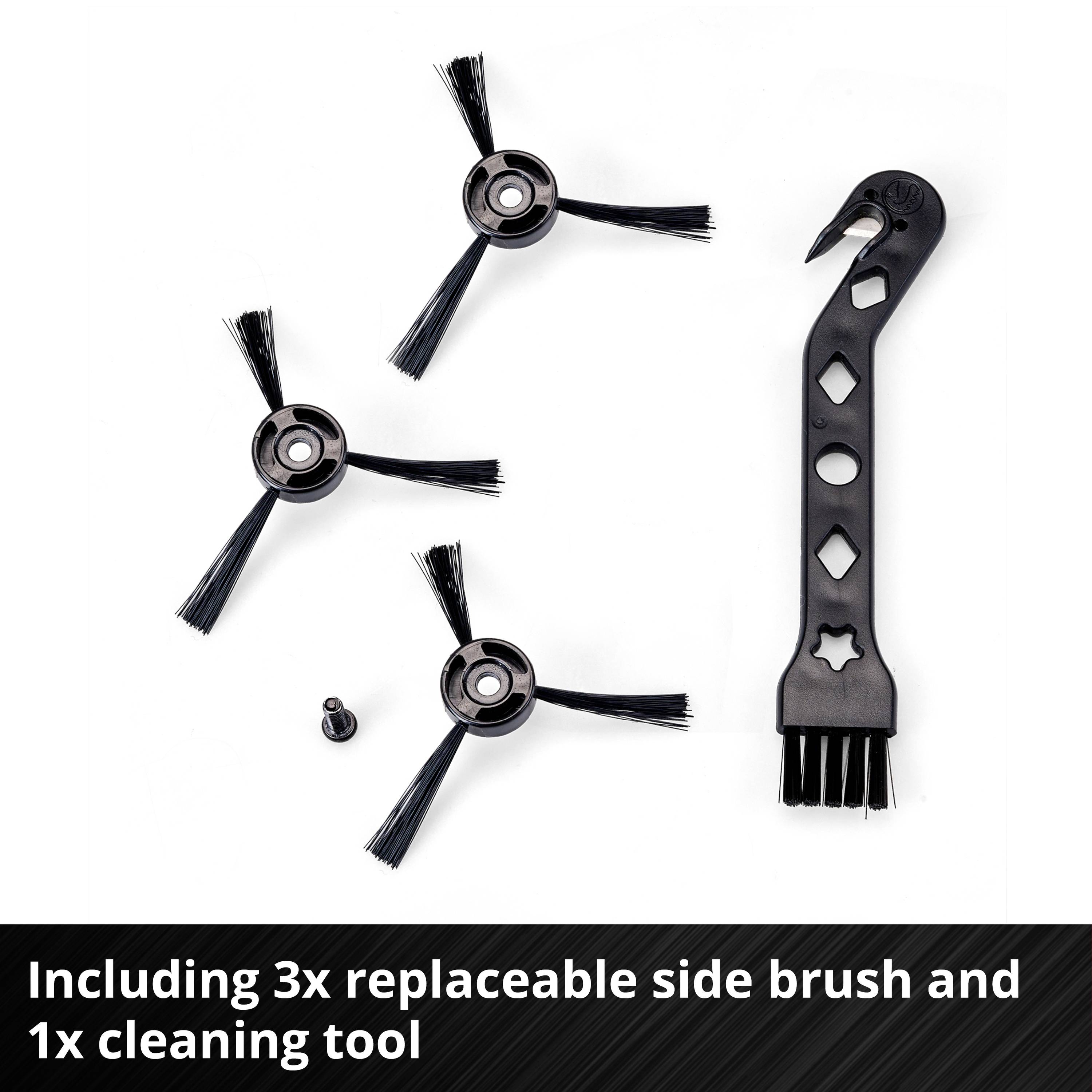 'Includes 3 interchangeable side brushes and 1 cleaning tool.' Image shows three side brushes for a vacuum cleaner and a tool.