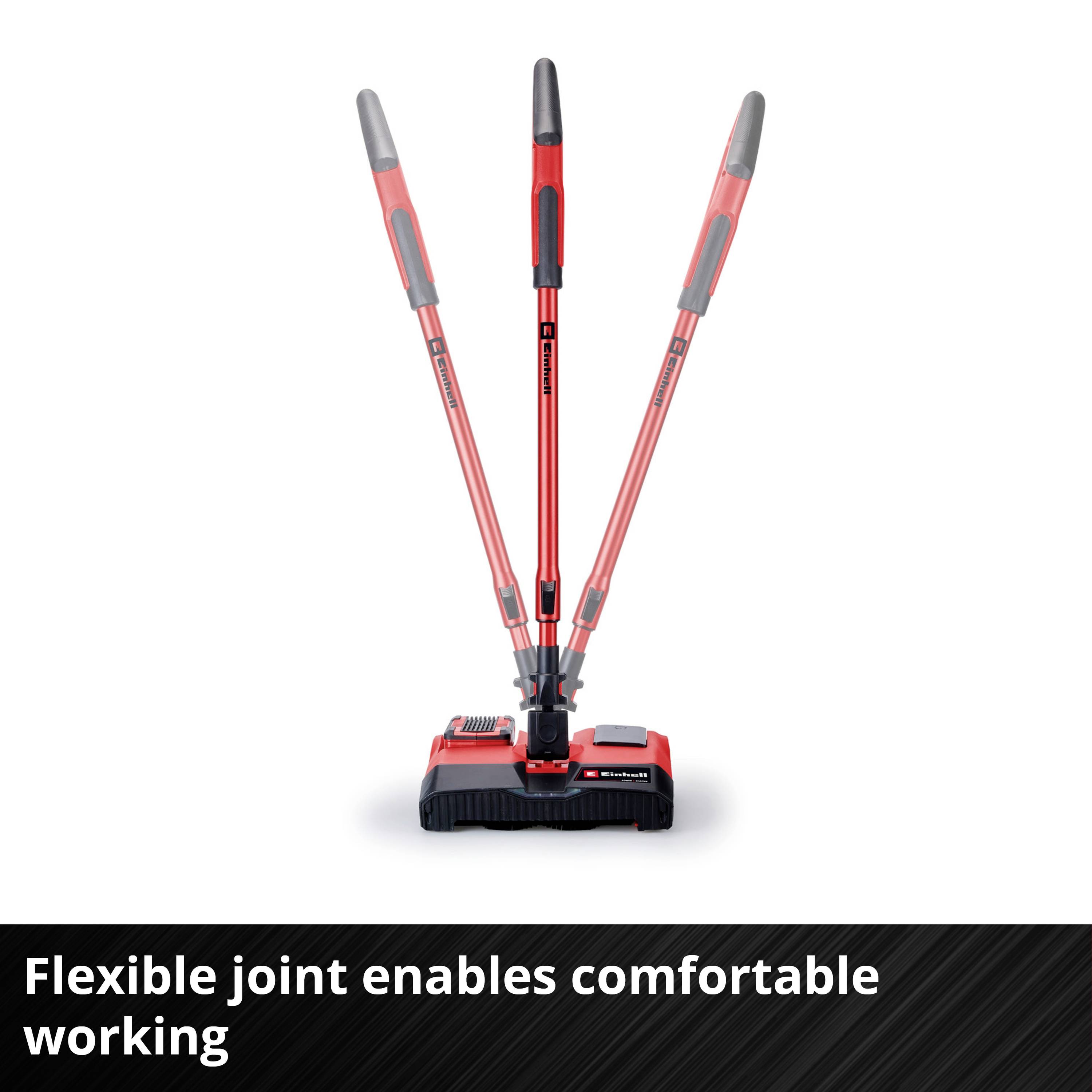 'Flexible Joint Enables Comfortable Working' – Image of a red cleaning device with adjustable handle.