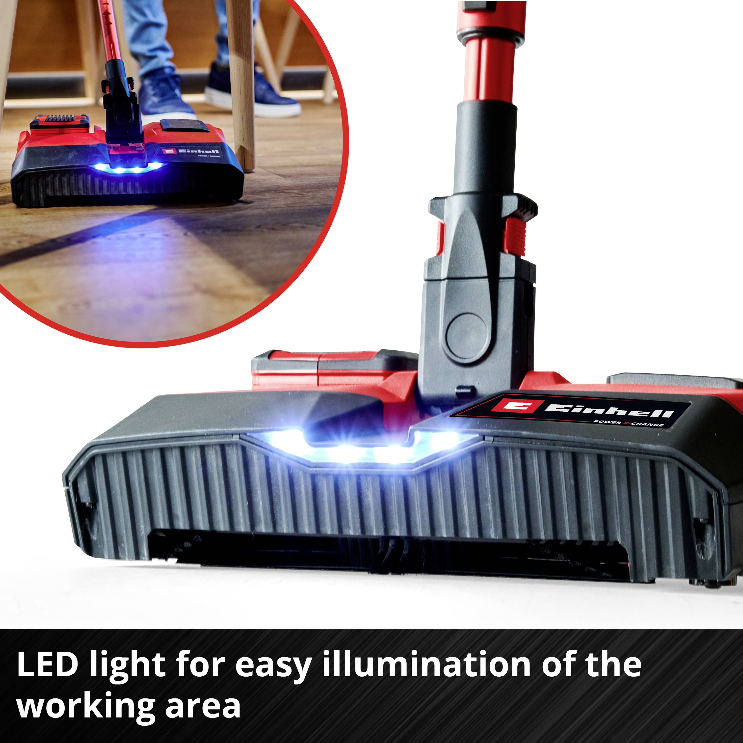 A vacuum cleaner with an integrated LED light illuminates the floor, making the work area more visible during cleaning.