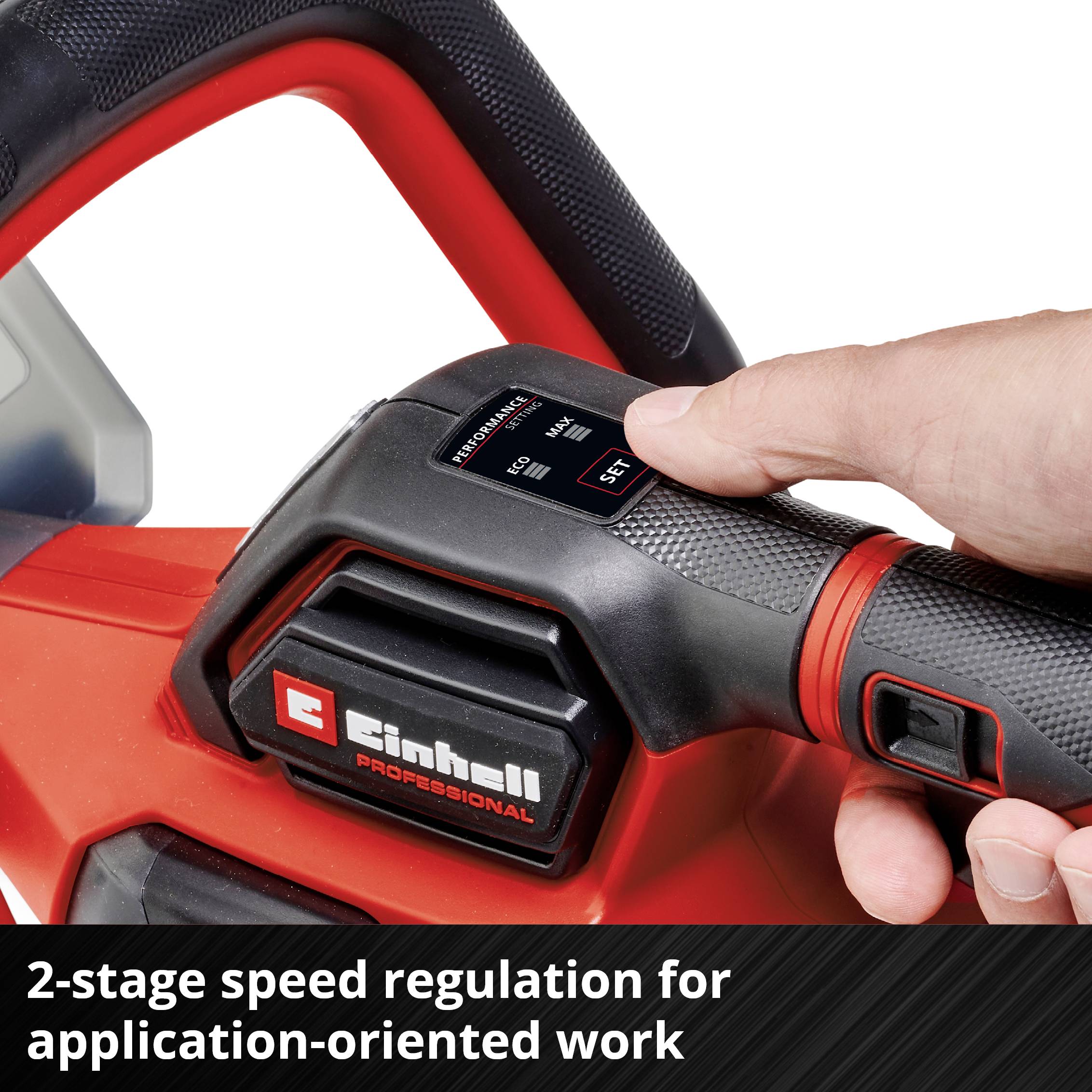 A hand is holding a red Einhell cordless screwdriver. Text below: '2-stage speed control for application-oriented working'.