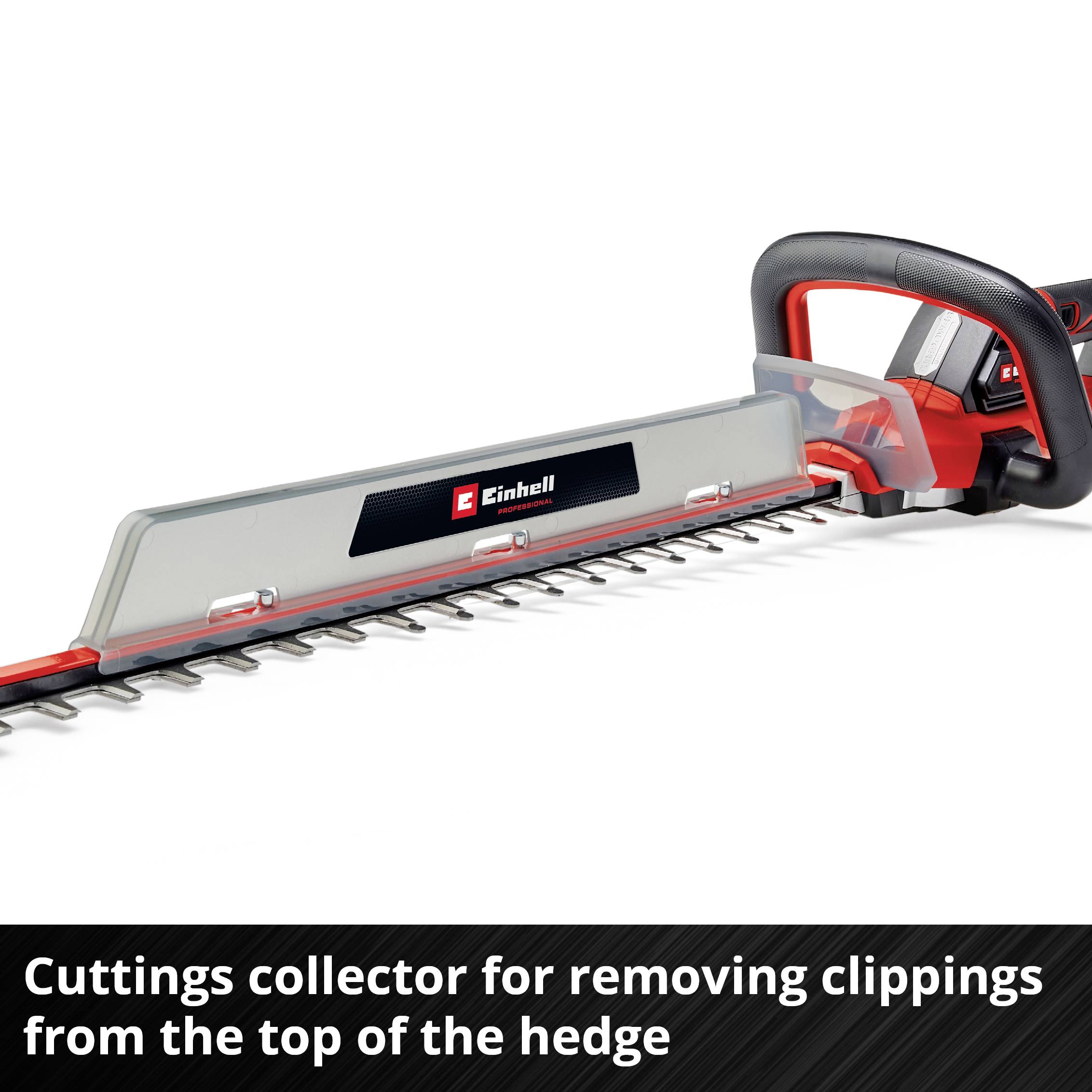 Hedge trimmer with trimmings collection at the top edge of hedges. 'Einhell' brand name on the device.