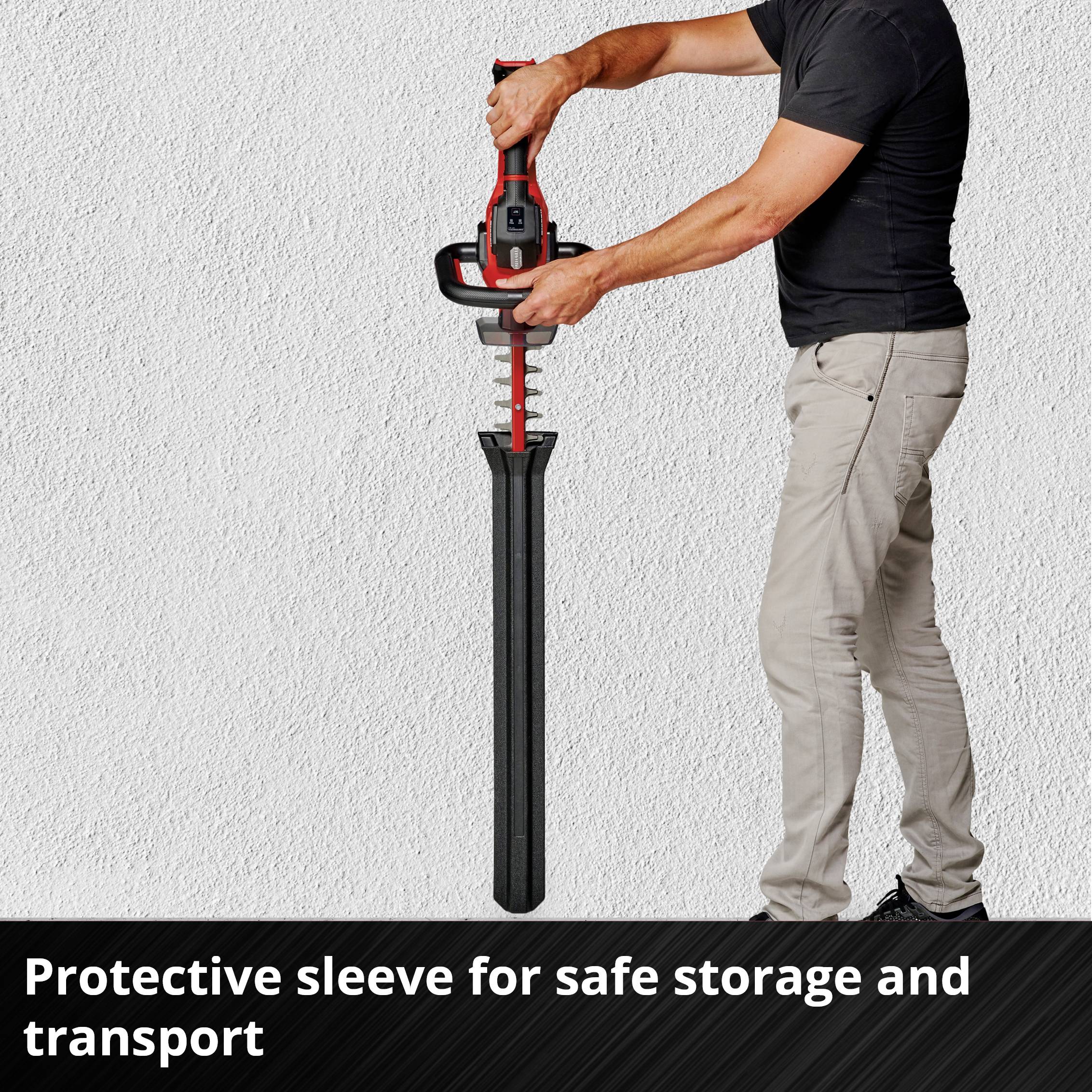 A man is holding hedge trimmers in front of a light-coloured wall. Text below: 'Protective sheaths for safe storage and transport'.
