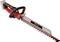 Battery-powered hedge trimmer in red and black with an ergonomic handle and robust blades, suitable for garden work.