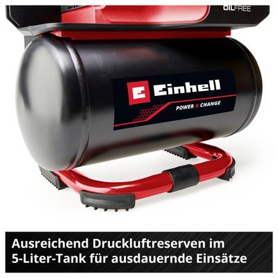 Black Einhell air compressor with red frame and 5-litre tank; Text: 'Adequate compressed air reserves in the 5-litre tank for sustained operation'.