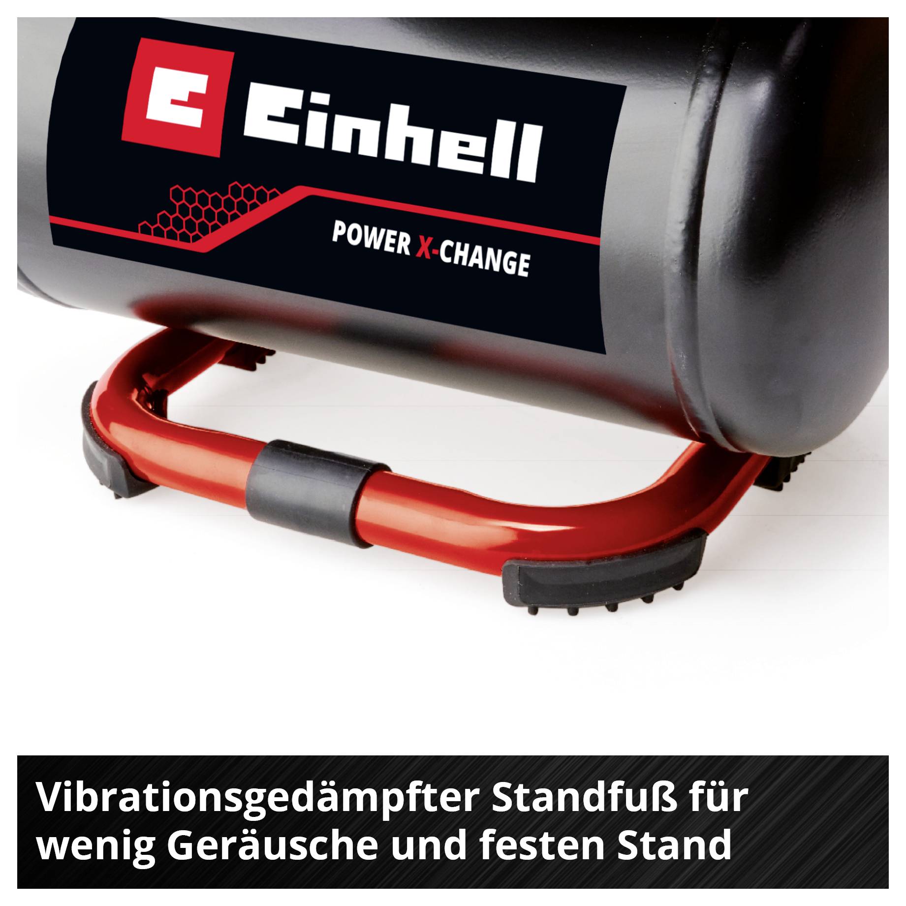 Close-up of an Einhell compressor with a red vibration-damped pedestal base; Text: 'Vibration-damped pedestal base for low noise and stable support'.