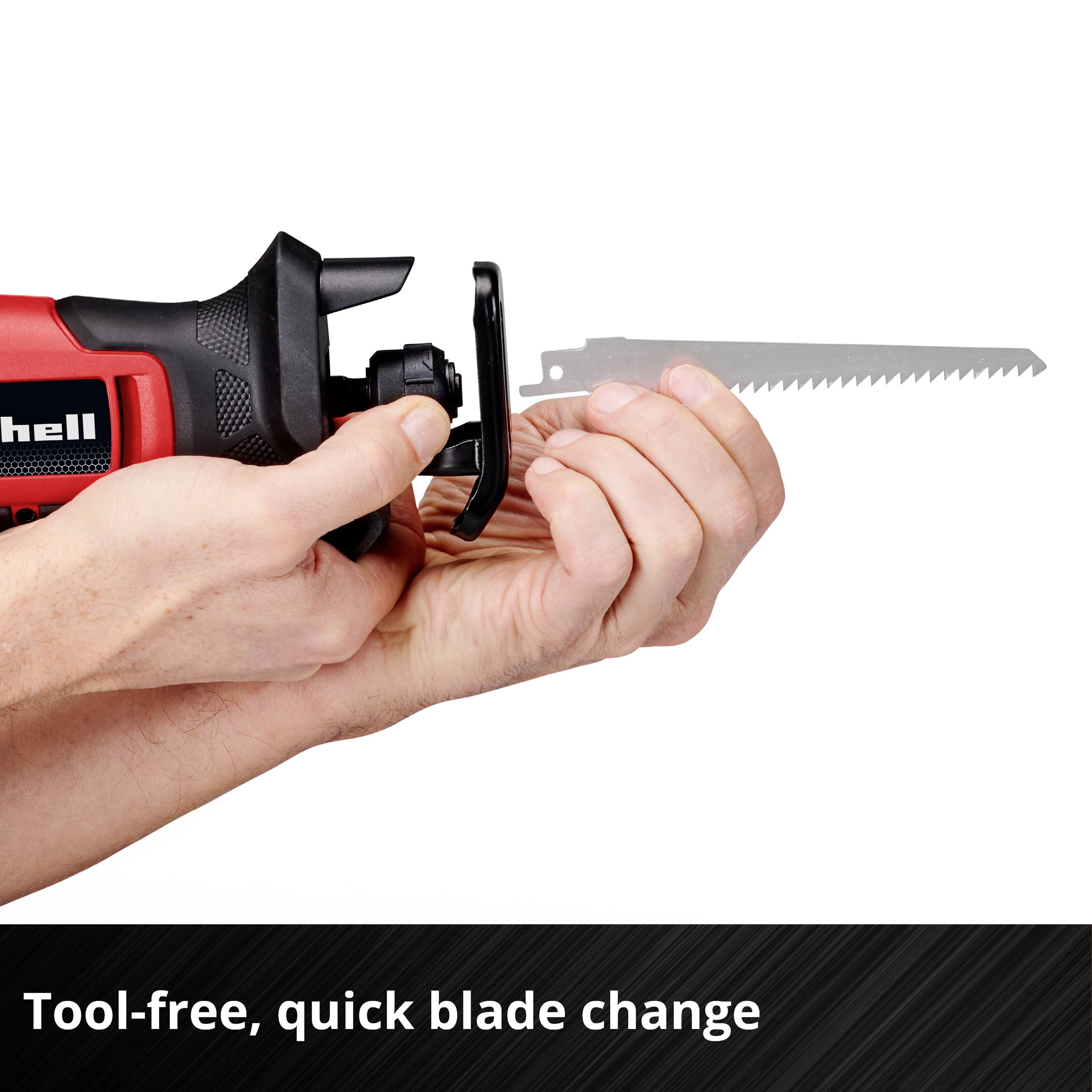 A hand is holding an electric reciprocating saw with a metallic saw blade. Text below: 'Tool-free and quick blade change'.