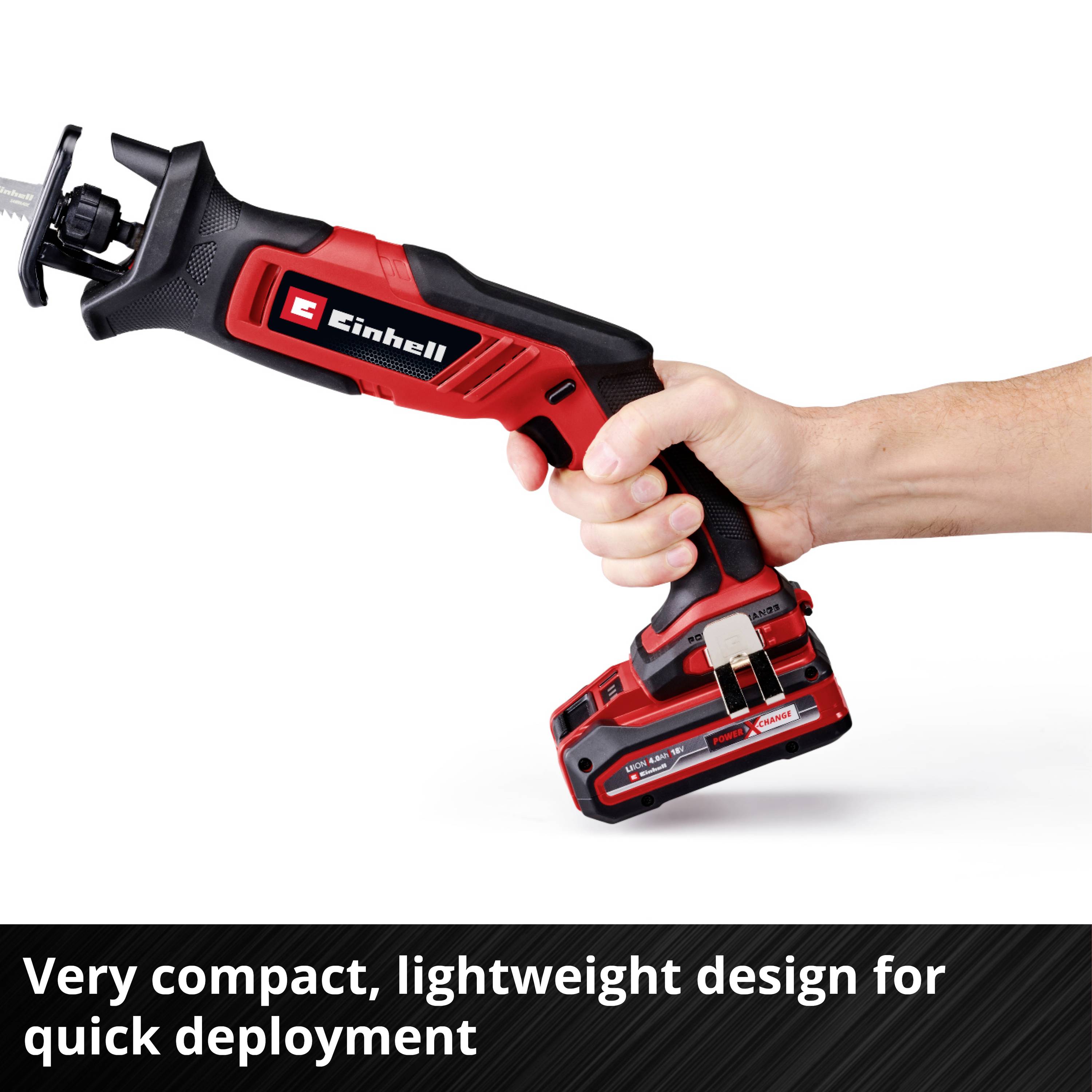 A red Einhell reciprocating saw is being held by one hand, with the text: 'Extremely compact, lightweight design for rapid deployment'.