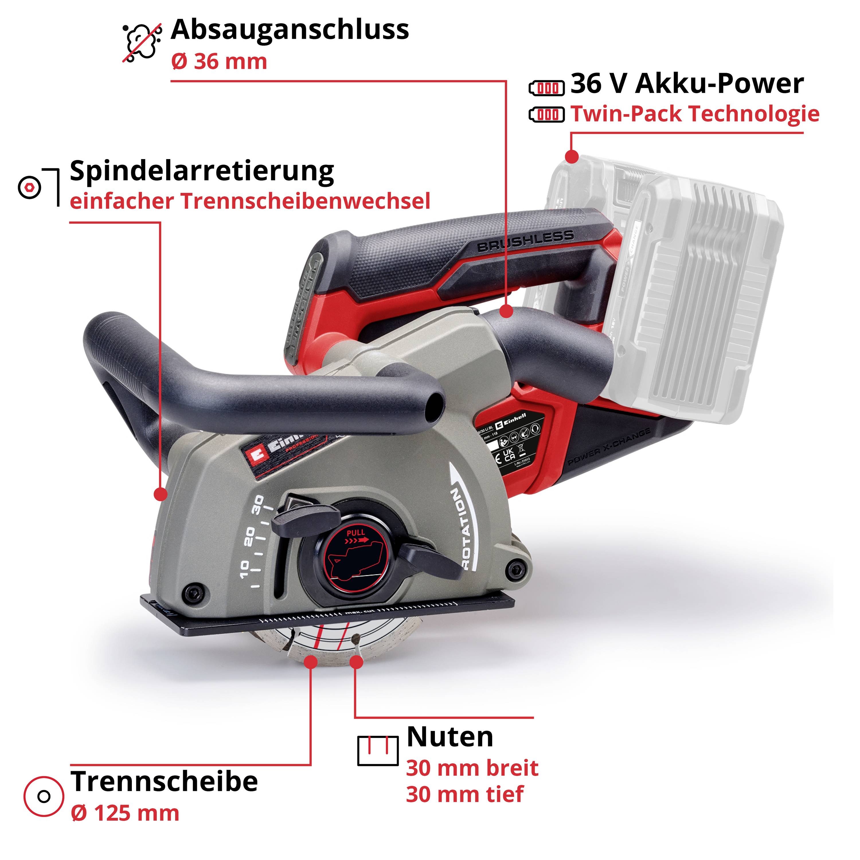 Hand-held router with mains plug, 36V battery, 125mm cutting disc and 30mm wide grooves. Includes spindle lock and dust extraction connection.