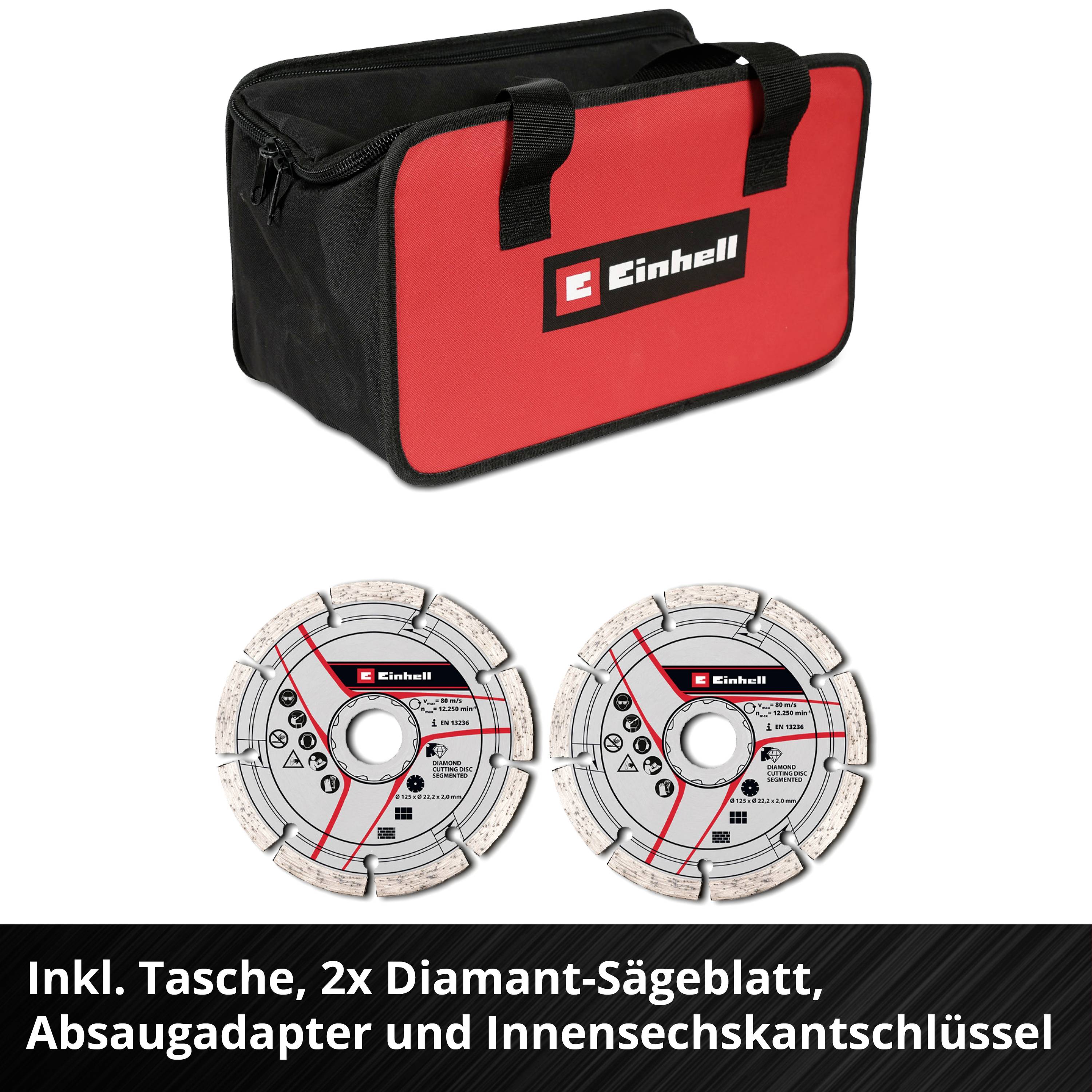 'Einhell' tool bag with zip, two diamond saw blades, extraction adapter and hexagonal Allen key.