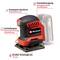 Einhell electric orbital sander, compact design with sandpaper clamping device, dust extraction and dust collection box.