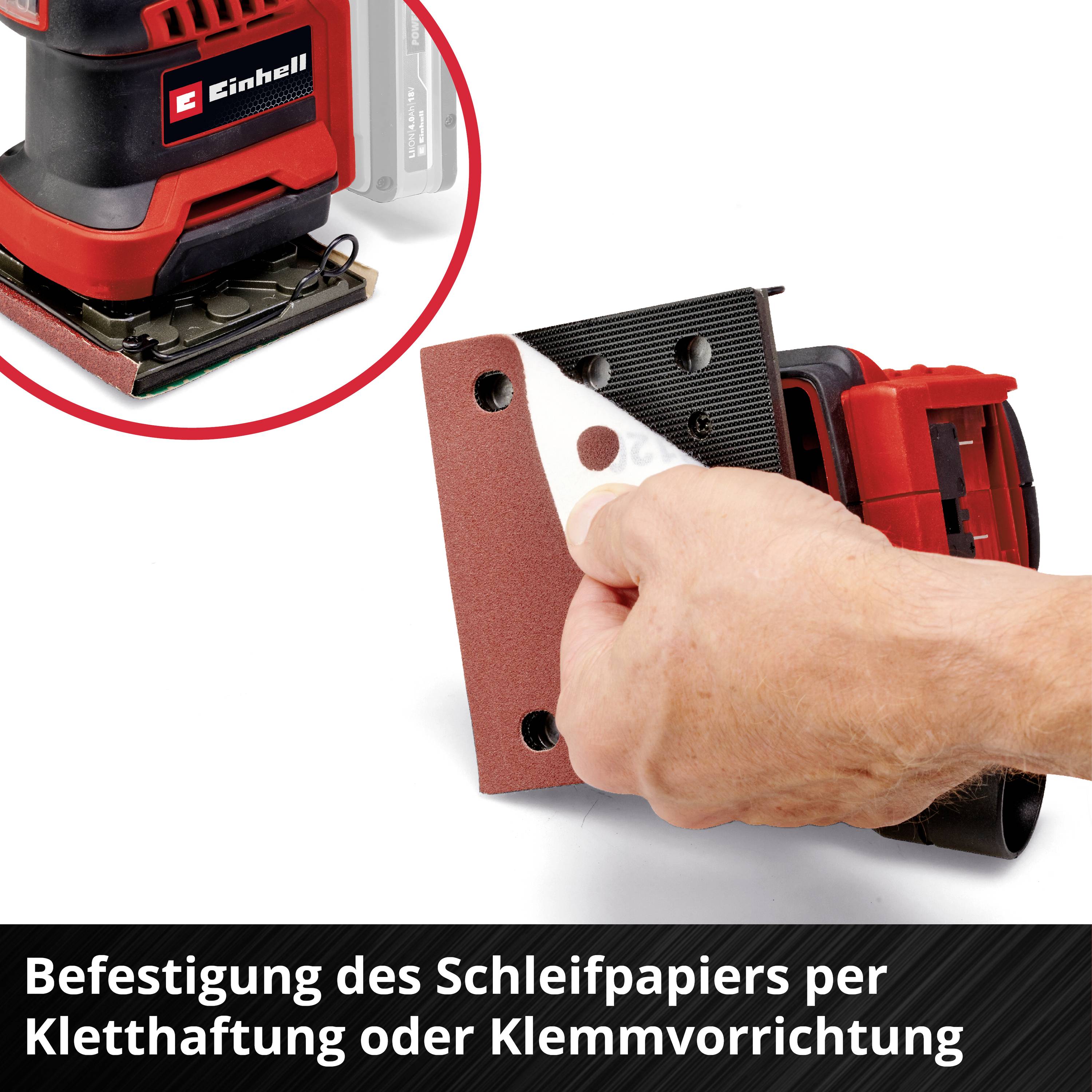 'Image shows a hand attaching sandpaper to an Einhell electric sander. Text below explains the hook-and-loop or clamping mechanism.'