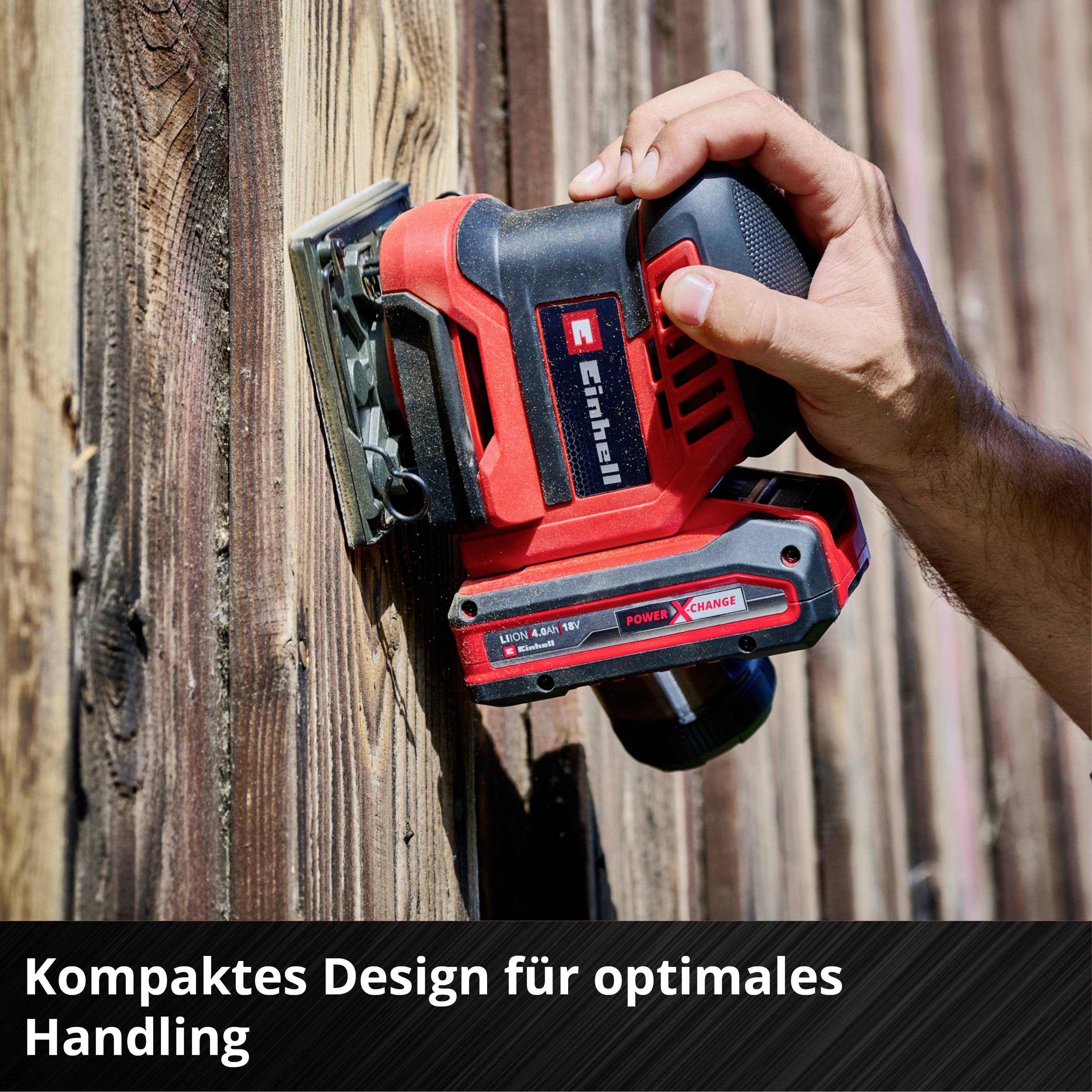 A person is sanding a wooden wall with a red electric sander. The image caption reads: 'Compact design for optimal handling'.