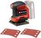 A red and black Einhell cordless multi-sander with two russet replacement sanding sheets. Device shows a square sanding head.