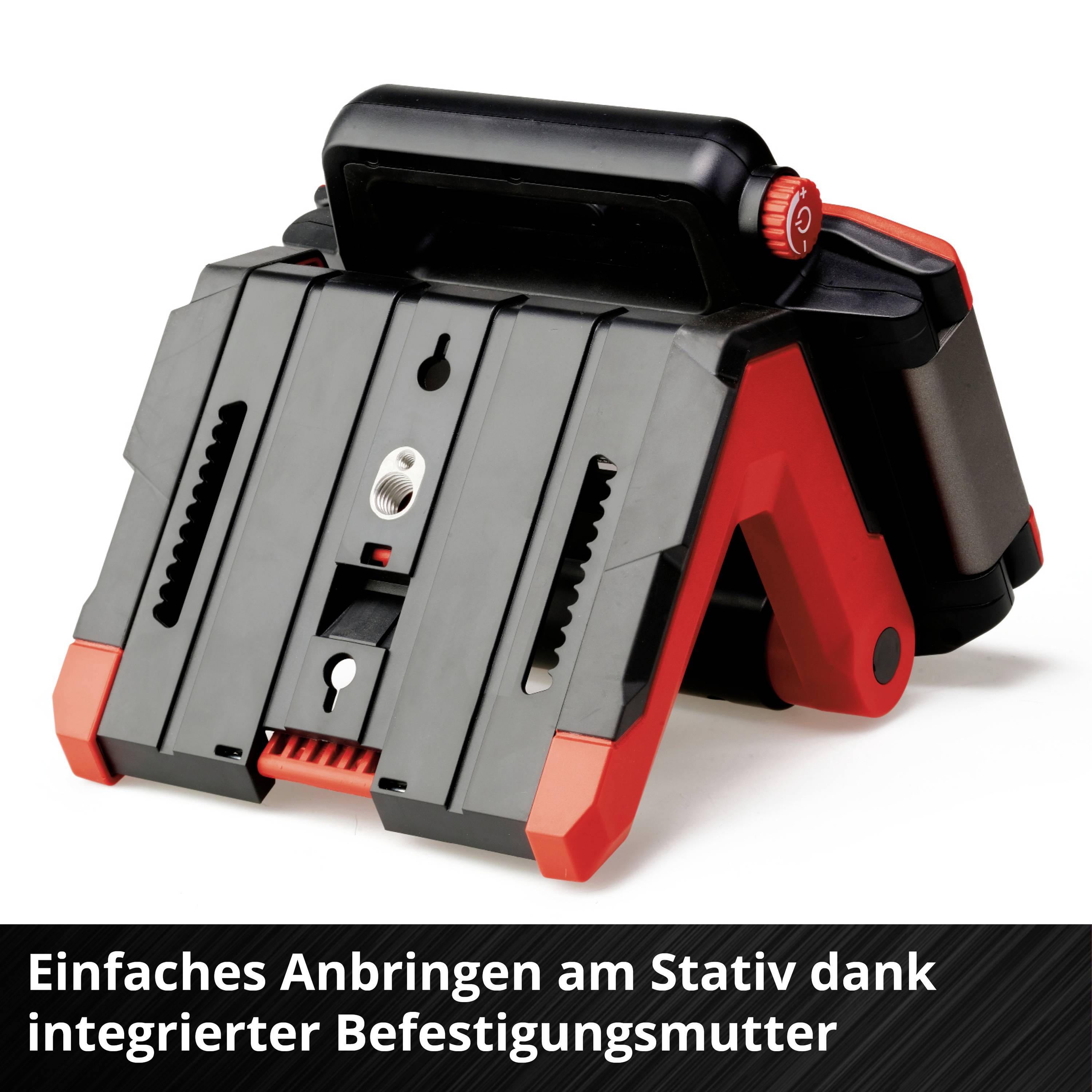 Red and black device for mounting on tripods, with sliding and locking functionality. Text: 'Easy attachment to tripod thanks to integrated mounting nut'.