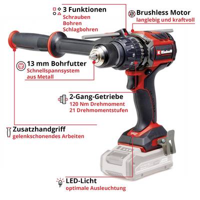 Cordless Drill with Brushless Motor, 3 Functions (Screwdriving, Drilling, Hammer Drilling), 2-Speed Gearbox, LED Light, Auxiliary Handle.