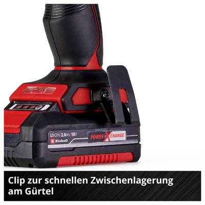A red and black cordless drill with a Li-ion 18V battery, featuring a belt clip labeled 'Clip zur schnellen Zwischenlagerung am Gürtel'.