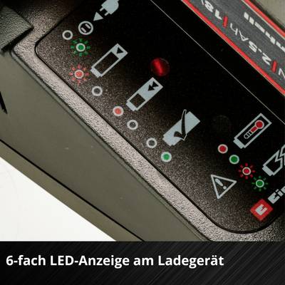 Charger with 6-LED display, indicating various charging states and functions through symbols and lights.