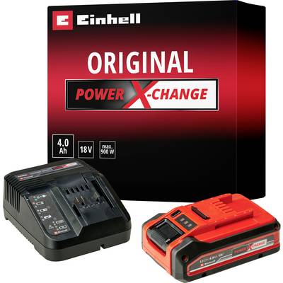 'Einhell Power X-Change' batteries and chargers. Two red and one black individual device are shown.
