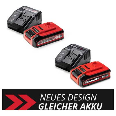 'Three Einhell battery chargers and batteries in new design, identical performance. Label: New design, same battery.'