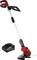 A red battery-powered lawn trimmer with an ergonomic handle and charger. Suitable for precise lawn edge cutting in gardens.