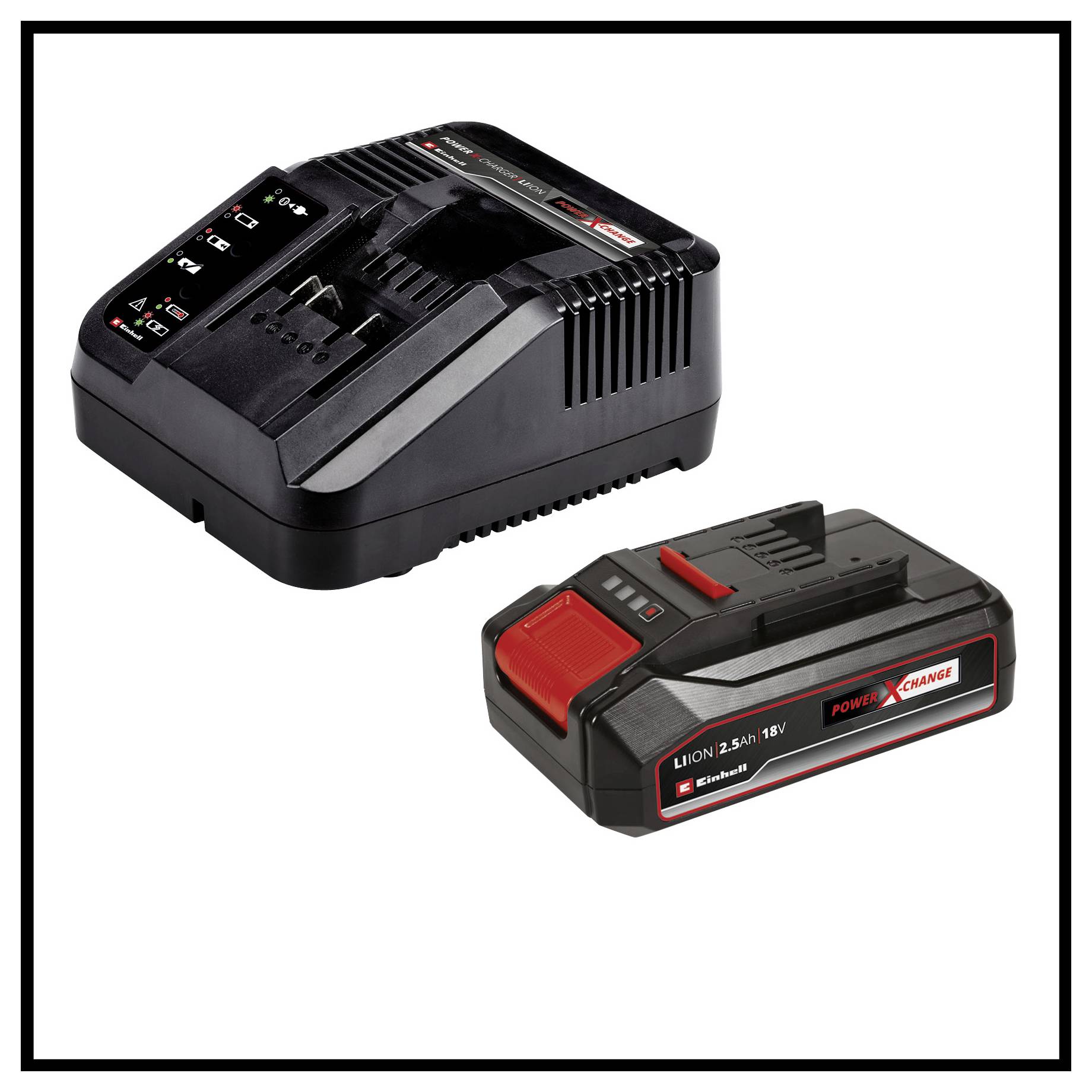 Battery charger and battery set for power tools, black, with red and white details. Battery has a capacity of 2.5 Ah at 18 V.