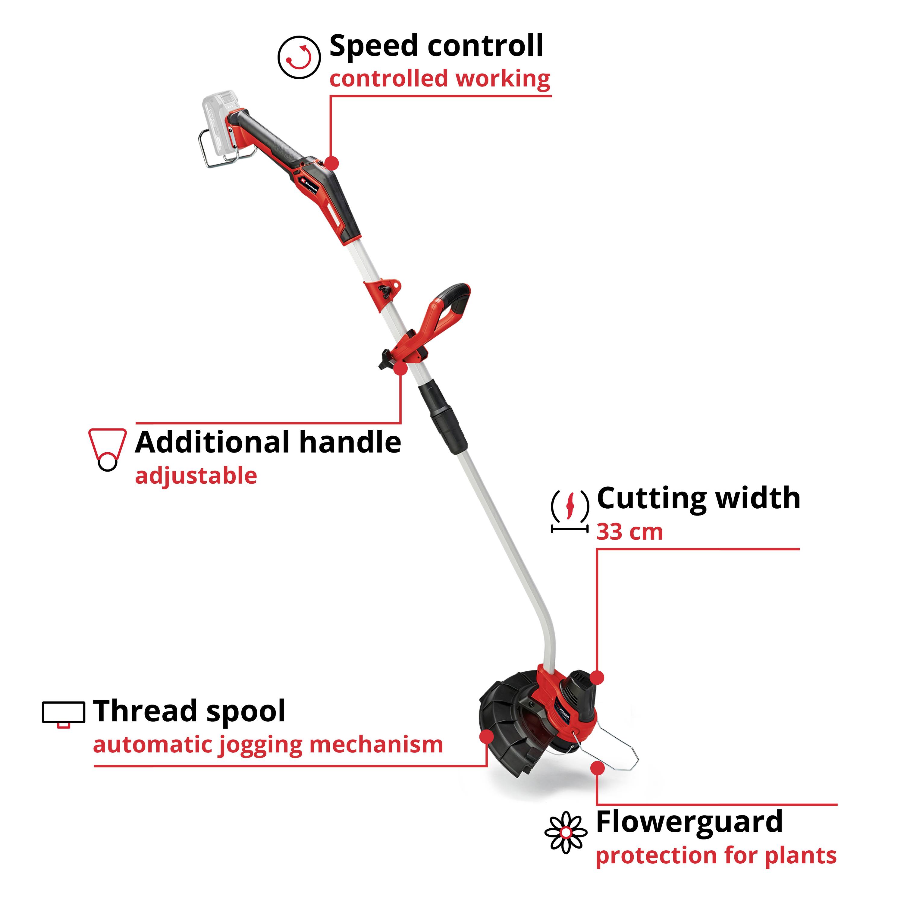 Cordless Lawn Trimmer with Auxiliary Handle, 33 cm Cutting Width, Speed Regulation, Spool Line, Flowerguard for Plant Protection.