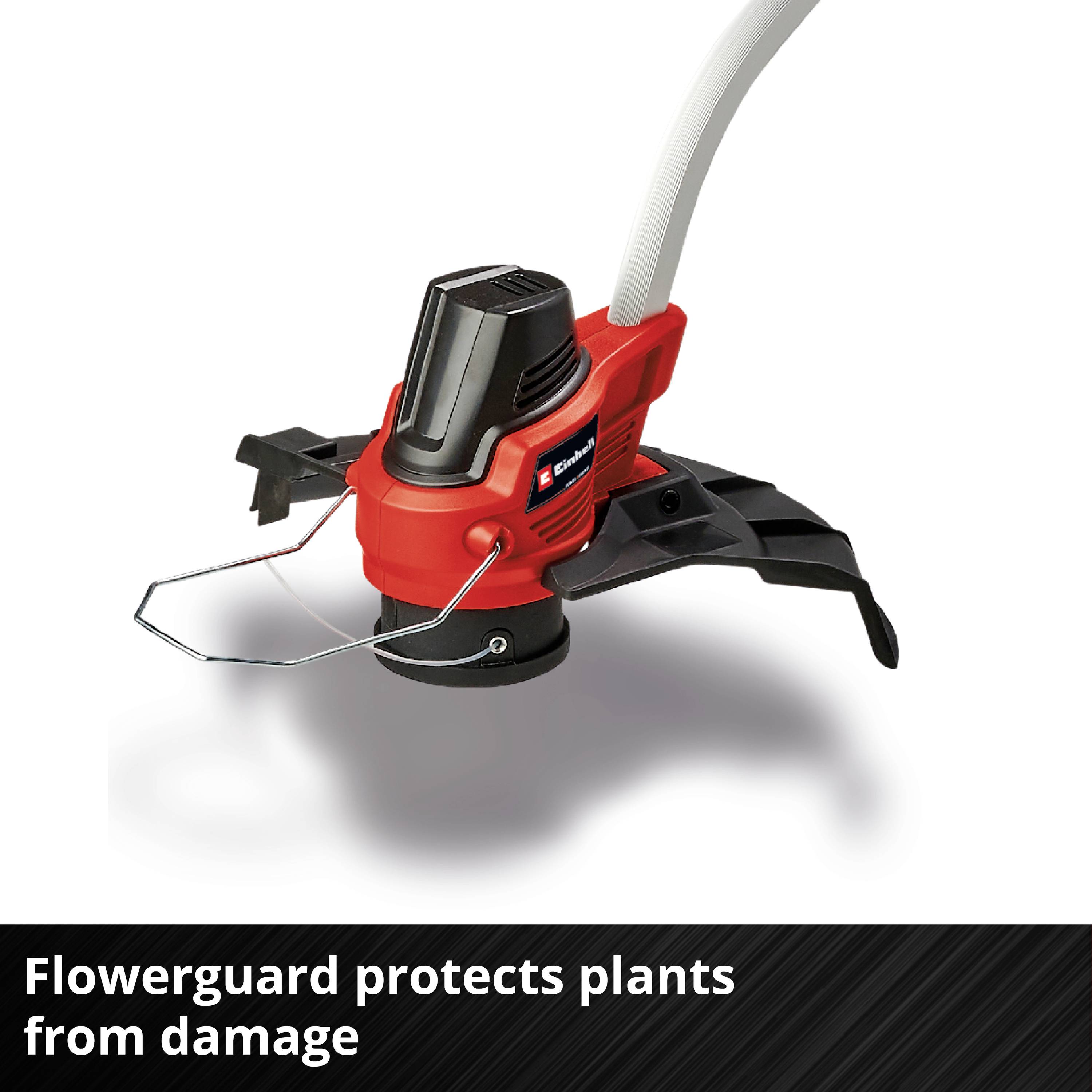 Red Lawn Trimmer with 'Flowerguard' for Plant Protection. Text below: 'Flowerguard protects plants from damage'.