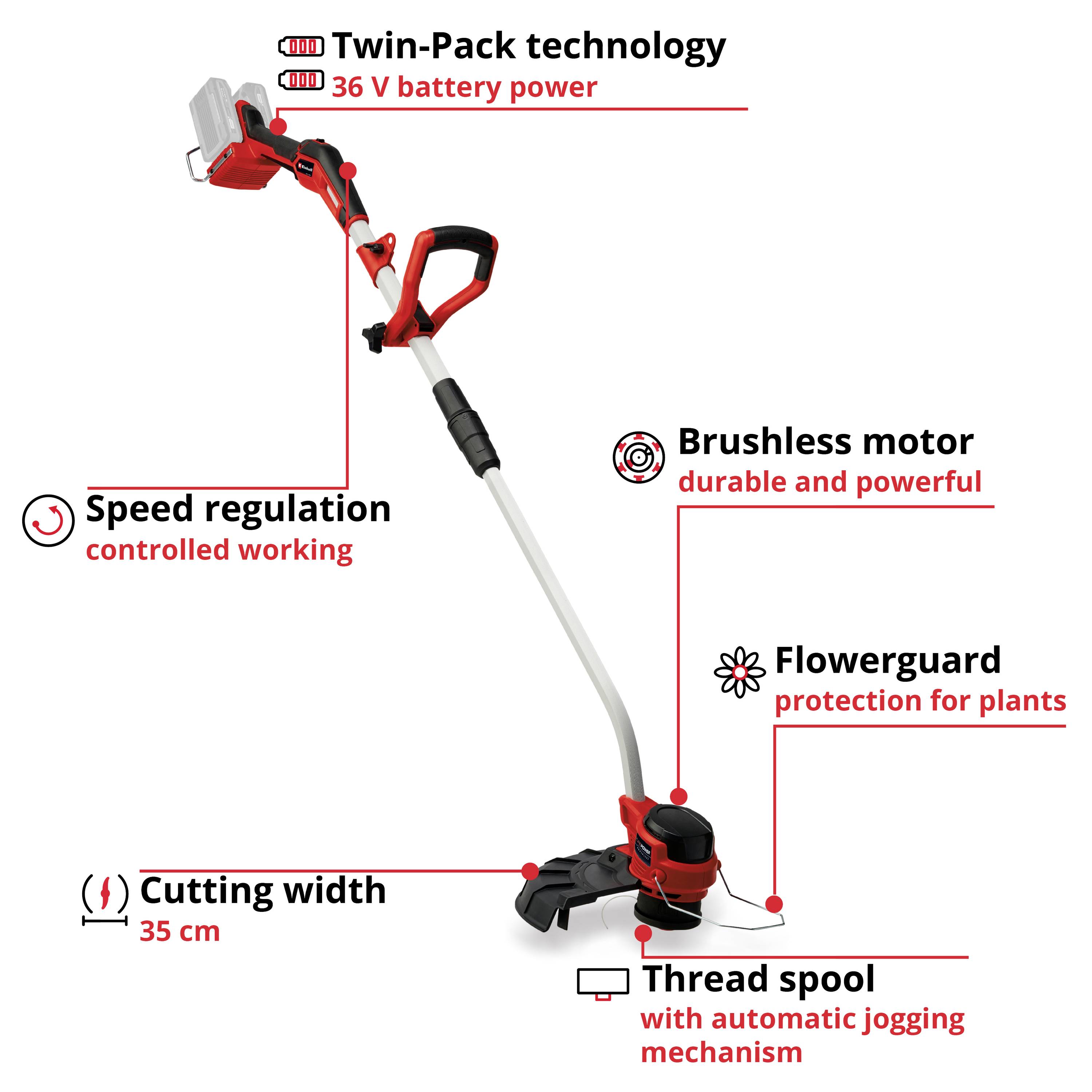 'Lawn trimmer with Twin-Pack Technology and 36V battery. Includes speed control, brushless motor, flowerguard, cutting width 35 cm, line spool with tip-automatic.'