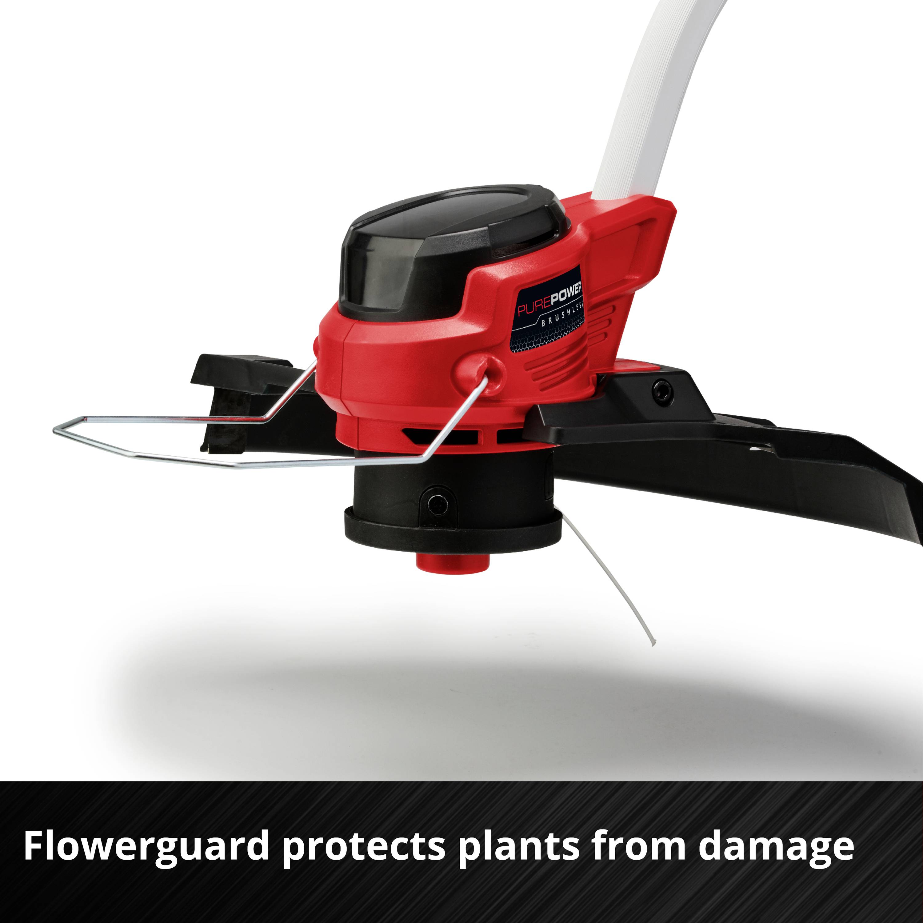 'Flowerguard protects plants from damage' shows a red lawn trimmer with a protective mechanism on the cutting blade.