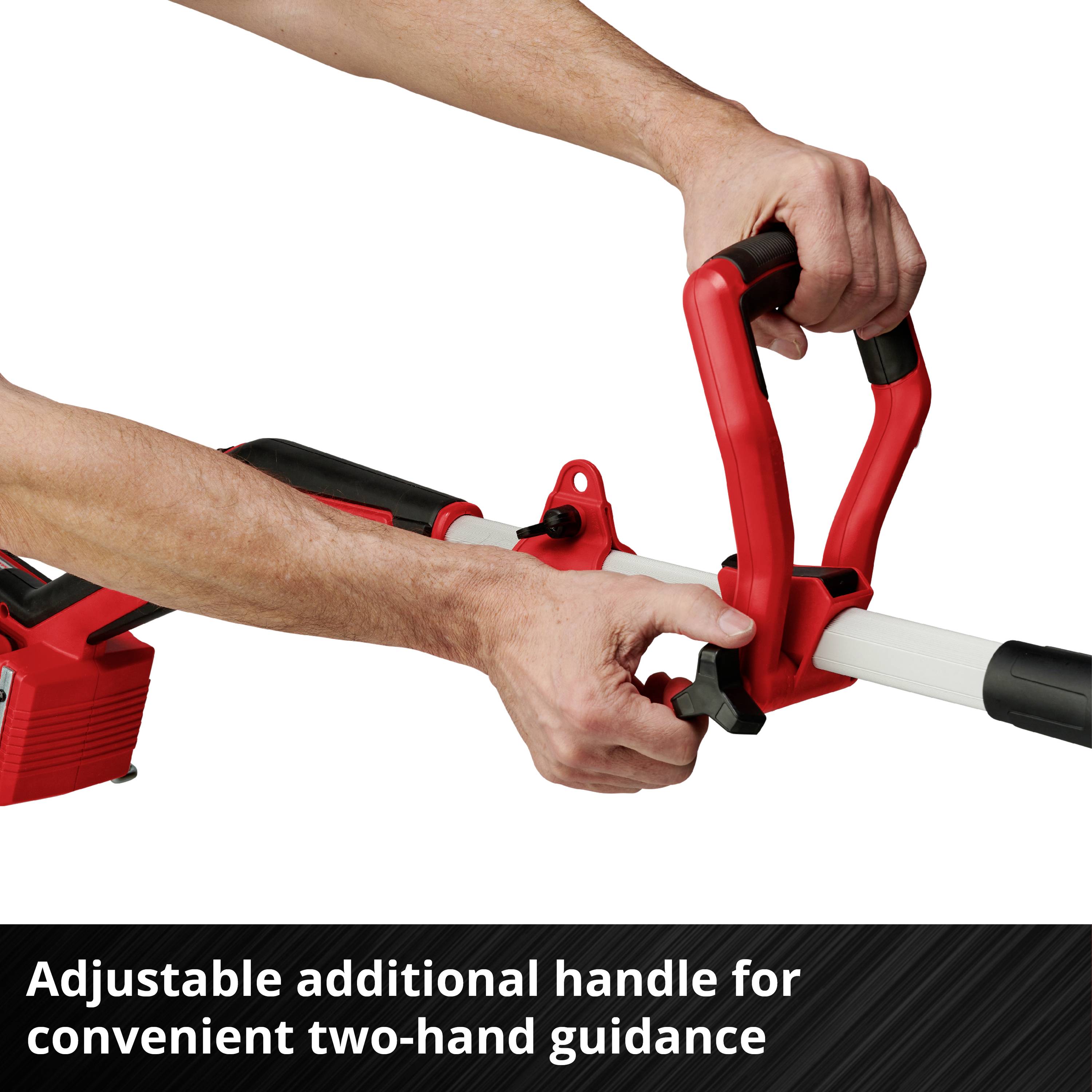 'Infinitely adjustable auxiliary handle for comfortable two-handed operation.' Two hands are holding a chainsaw with an ergonomic grip.