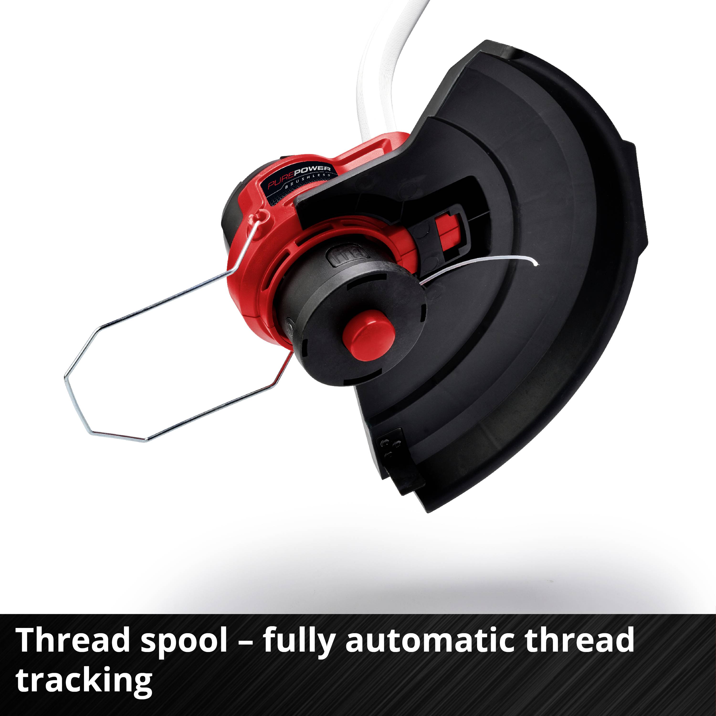 A red and black trimmer line spool for a lawn strimmer, marked with 'Line Spool - Fully Automatic Line Feed'.