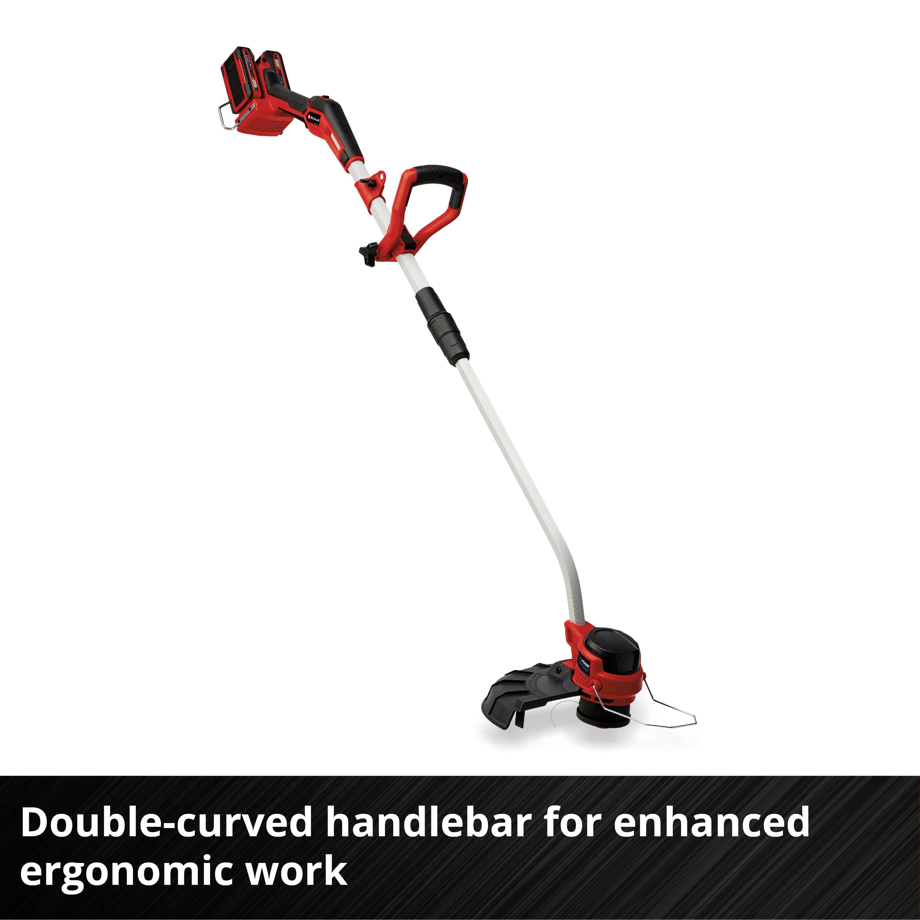 Battery-powered lawn trimmer with a double-curved guide shaft, improving ergonomics when working; shown in a lawn care context.