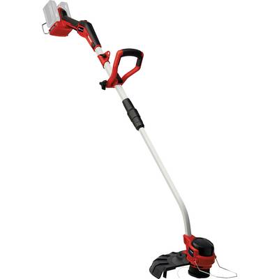 Battery-powered lawn trimmer with a red handle, black cutting head, and long grey shaft. Suitable for trimming grass and weeds.