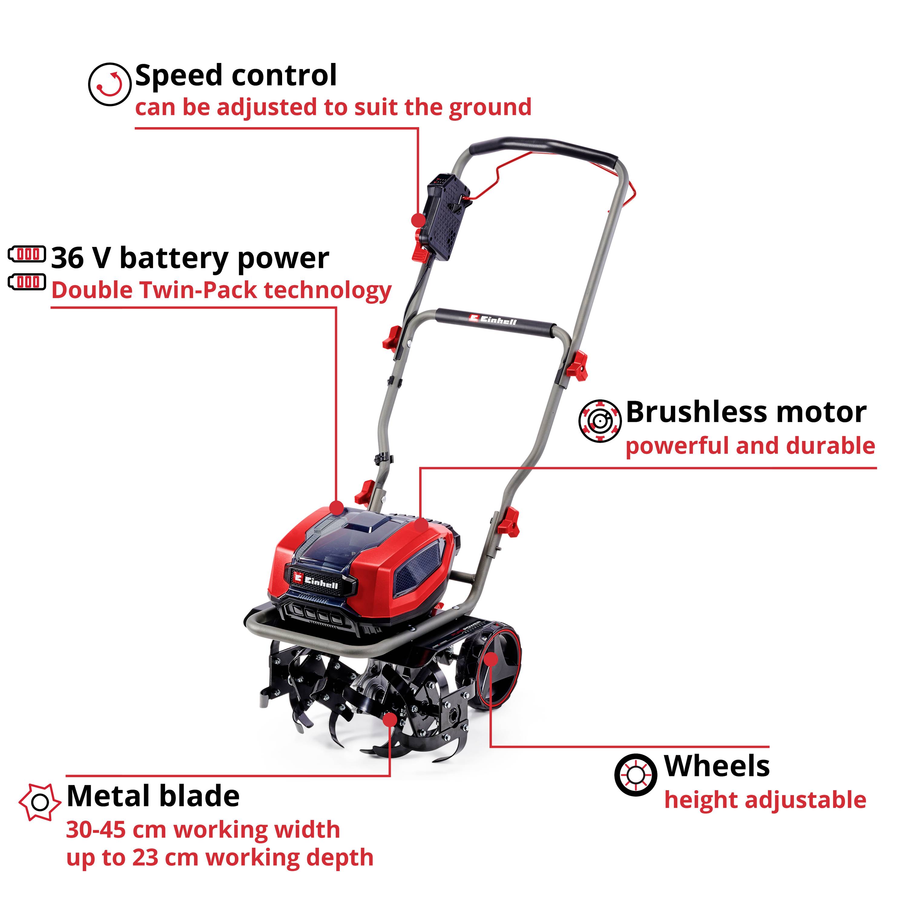 'Red and black Electric Garden Tiller with 36V Battery, Brushless Motor, Speed Control, Adjustable Height Wheels and Metal Blades.'
