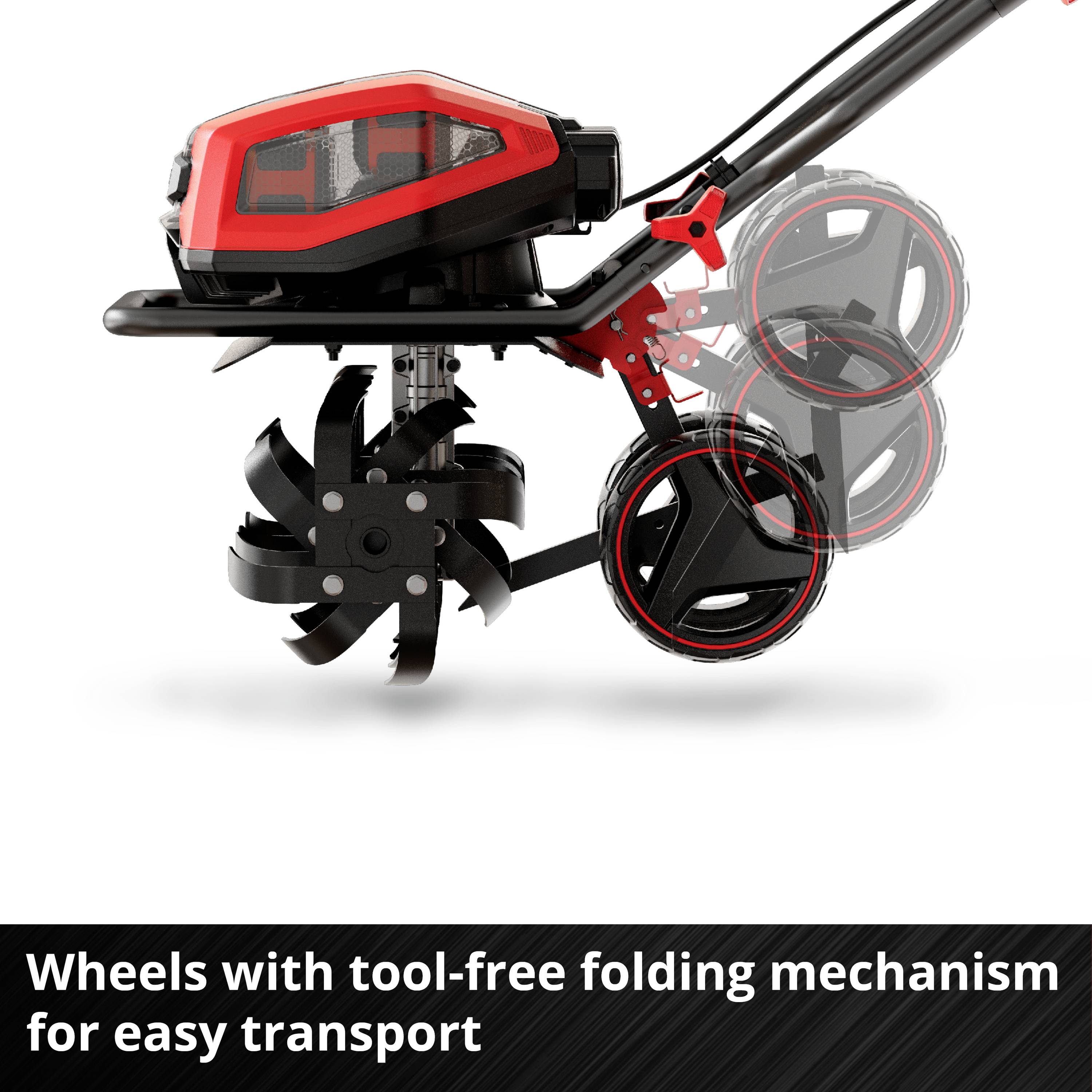 Lawnmower with red and black design, showing wheel folding mechanism for easy transport. Text: 'Wheels with tool-free folding mechanism'.