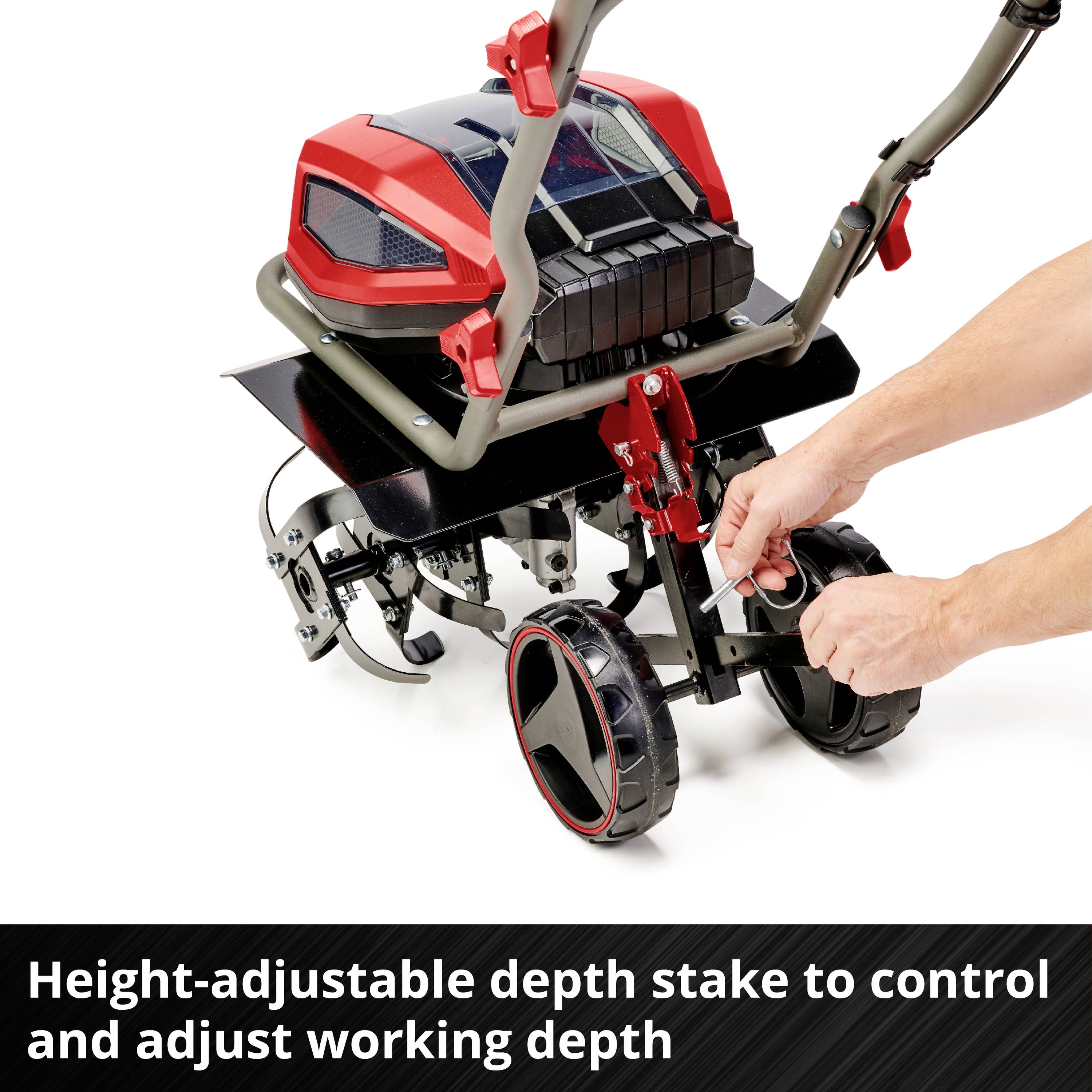 Height-adjustable brake fork for controlling and adjusting working depth, shows a close-up of a wheel with an adjustable lever.