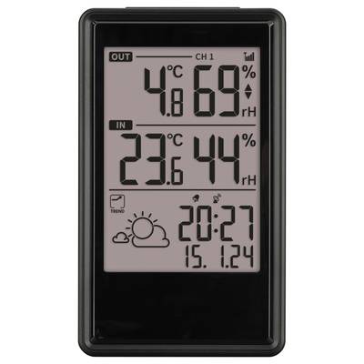Digital thermometer shows 'OUT' 4.8°C, 69% rH; 'IN' 23.6°C, 44% rH; Time 20:27, Date 15/01/24, with weather trend sunny.