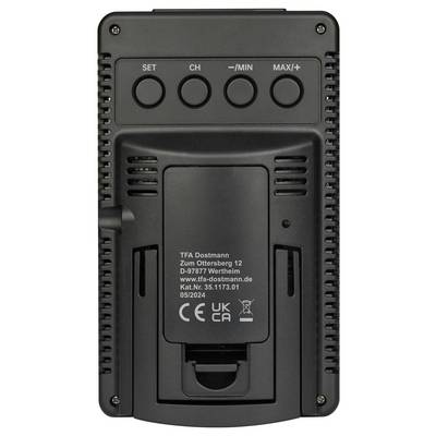 Back of an electronic device with four buttons at the top, 'TFA Dostmann' inscription, address, model number, and CE marking at the bottom.
