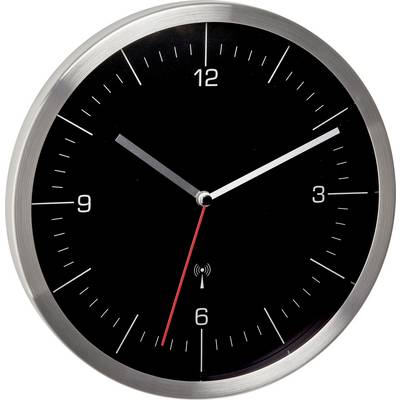 Large round wall clock with a black dial, silver frame, white hour hands and red second hand, showing 10:09.
