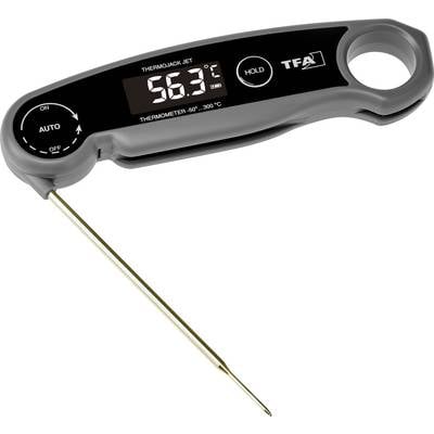 Digital kitchen thermometer shows 56.3°C. Display black, casing grey, with on/off switch.