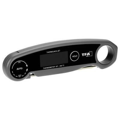 Digital thermometer with a black-bordered display and buttons for on/off and automatic function. Temperature range: -50° to 300°C.