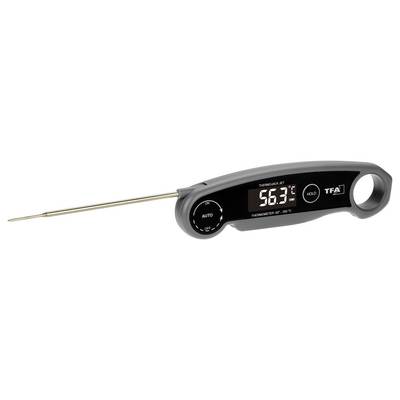 Digital kitchen thermometer shows 56.3 degrees Celsius.