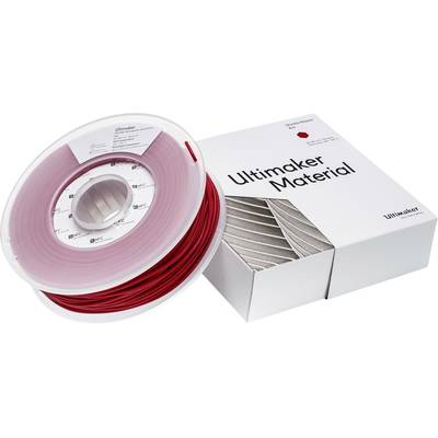 Roll of red 3D printer filament next to a white box labelled 'Ultimaker Material'.