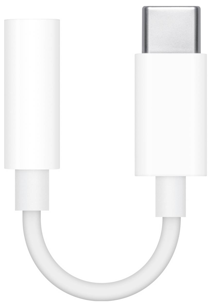 USB-C to 3.5mm jack adapter, white cable, enables headphone connection on devices without a headphone socket.