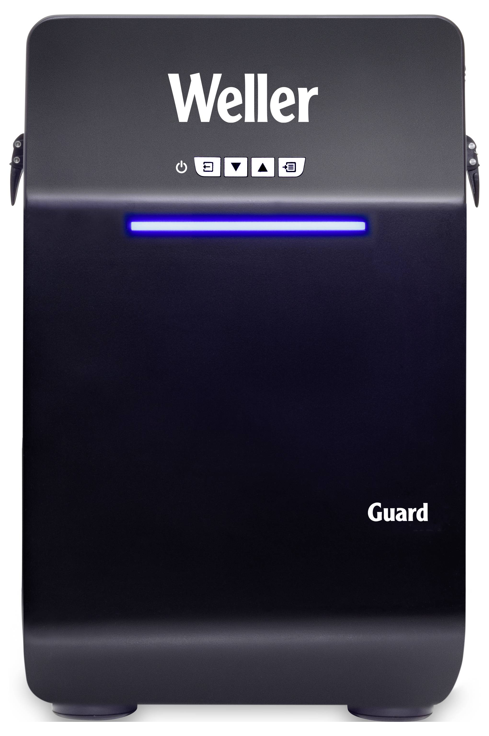 'Weller Guard' air purifier in a black casing with an illuminated blue stripe and control symbols on top.