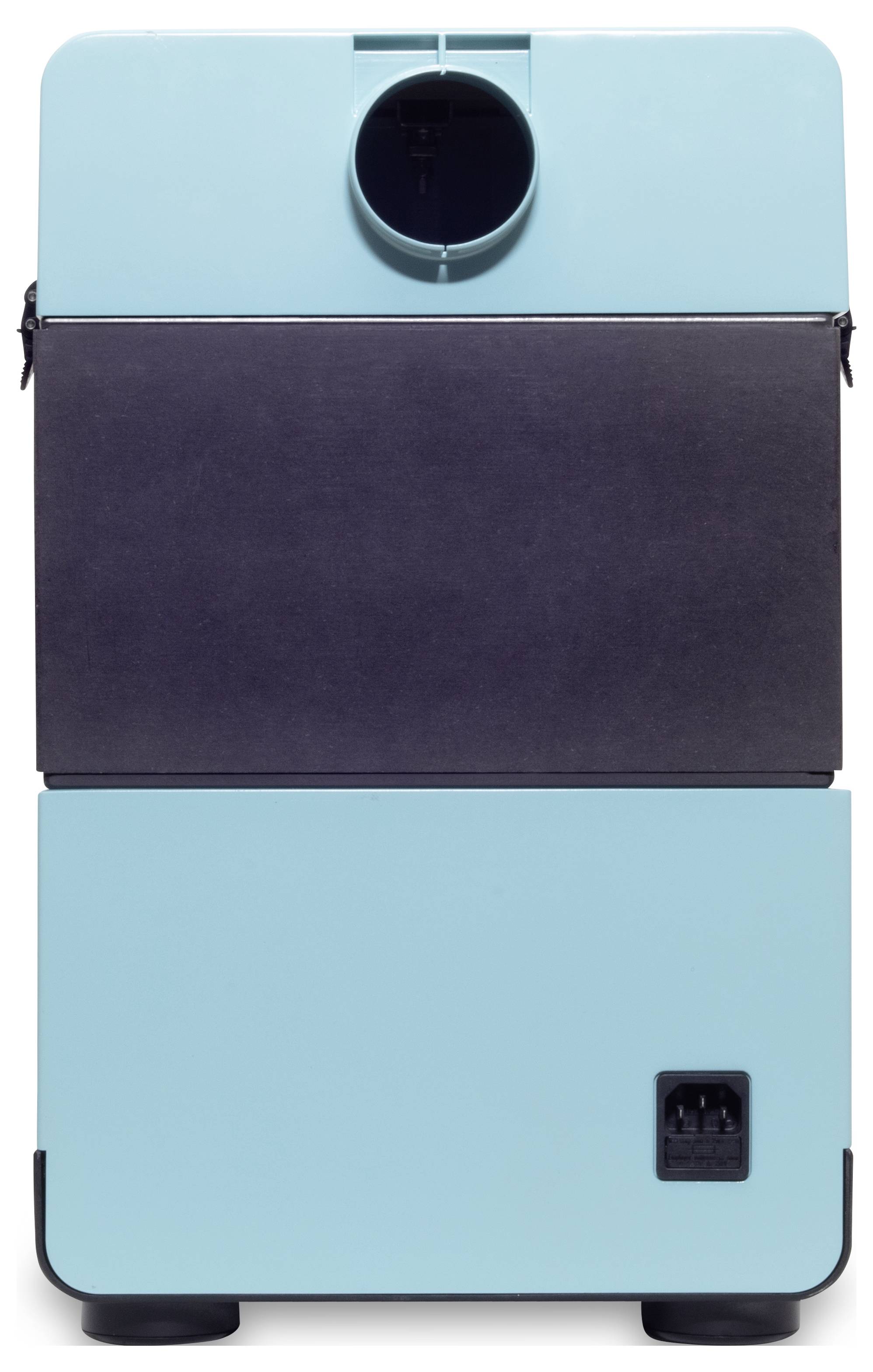 A blue air purifier with a rectangular shape, a central air intake at the top and a plug connection at the bottom.