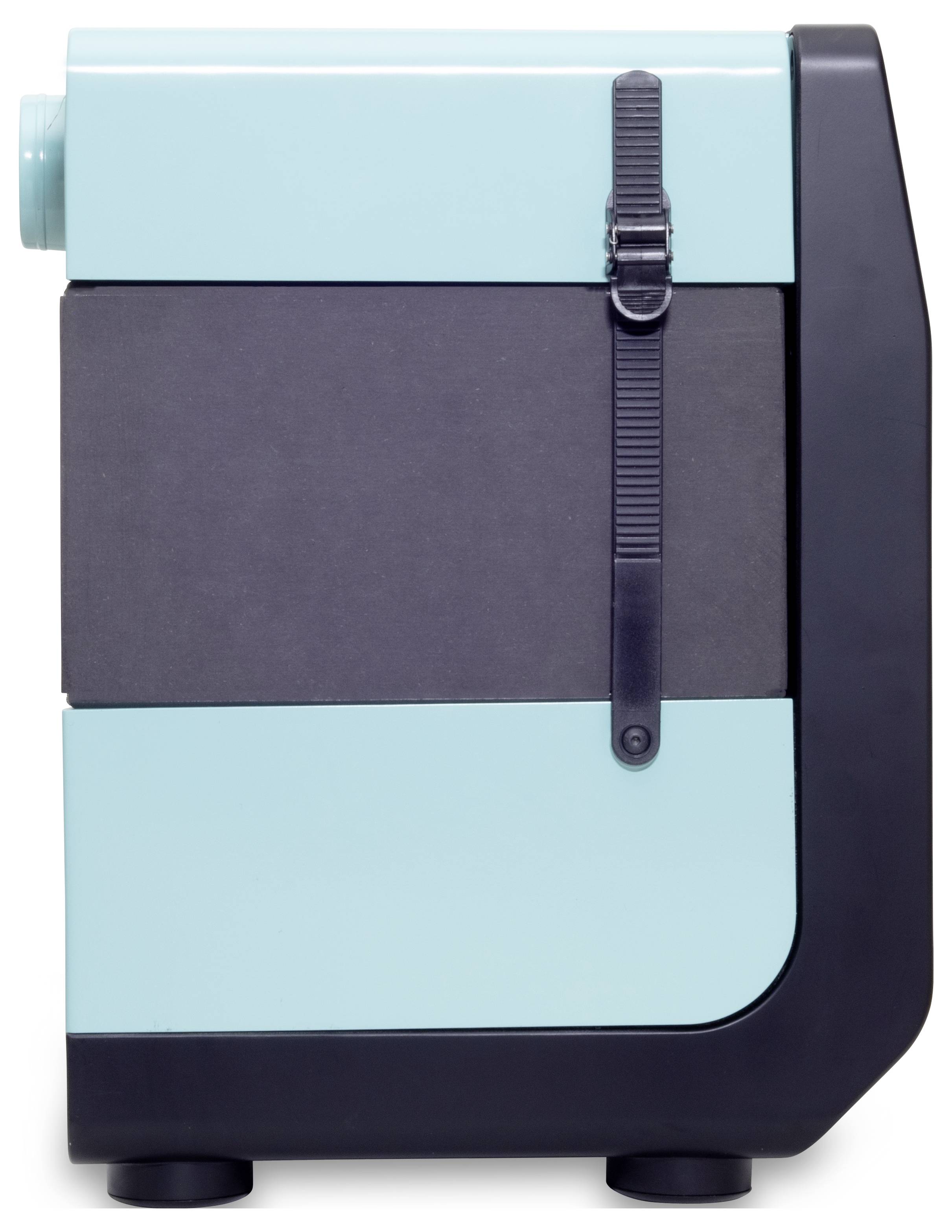 A modern, rectangular household appliance in blue and black, with a strap on the side.